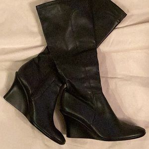 Nine West Black Faux Leather Knee High Wedge Boots - 9.5 New W/O Box